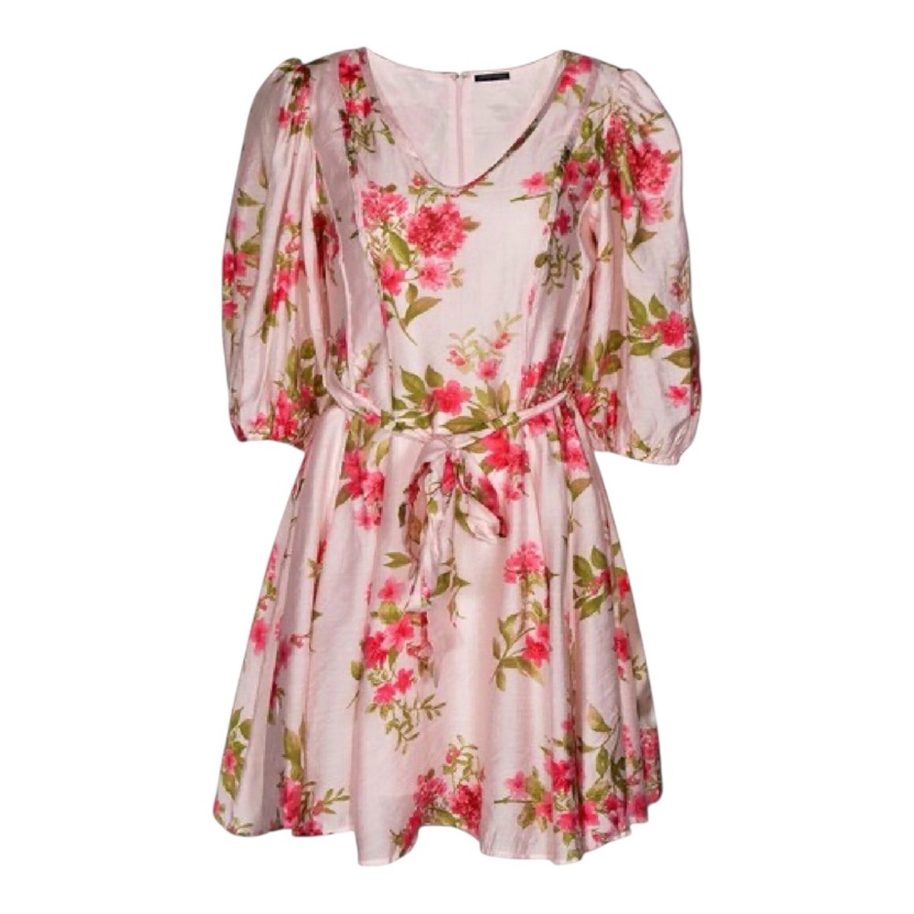 by the river Pink Floral Dress V Neckline Peasant Sleeves Size M New ￼